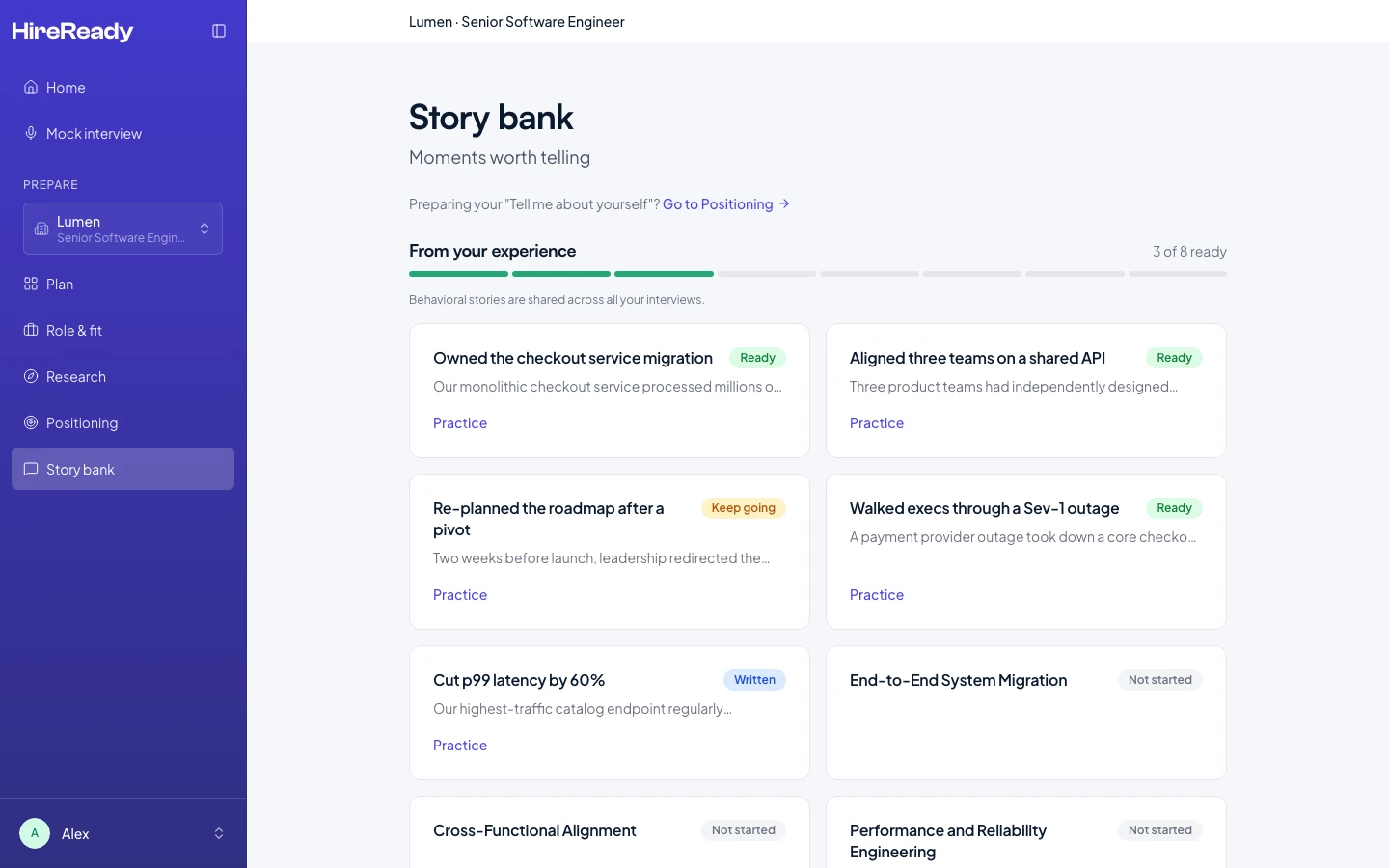 HireReady story bank — behavioral stories organized by competency
