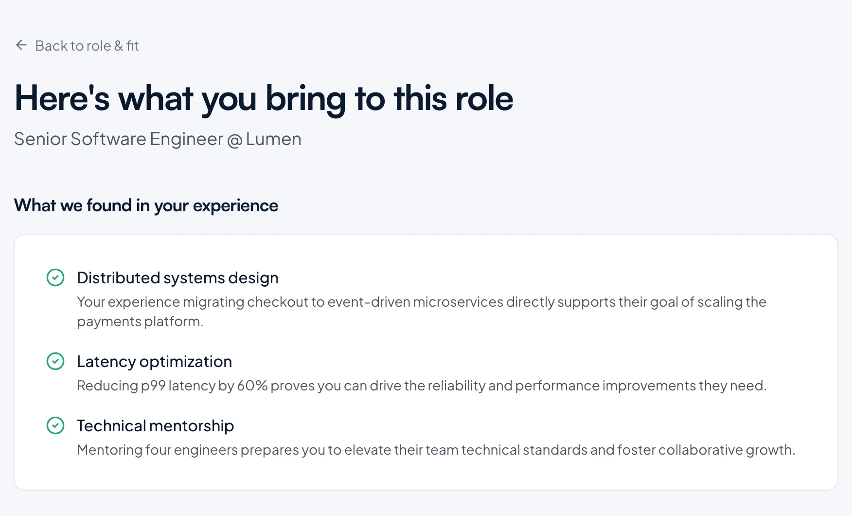 Fit analysis screen showing strengths found in a candidate's experience for a Senior Software Engineer role