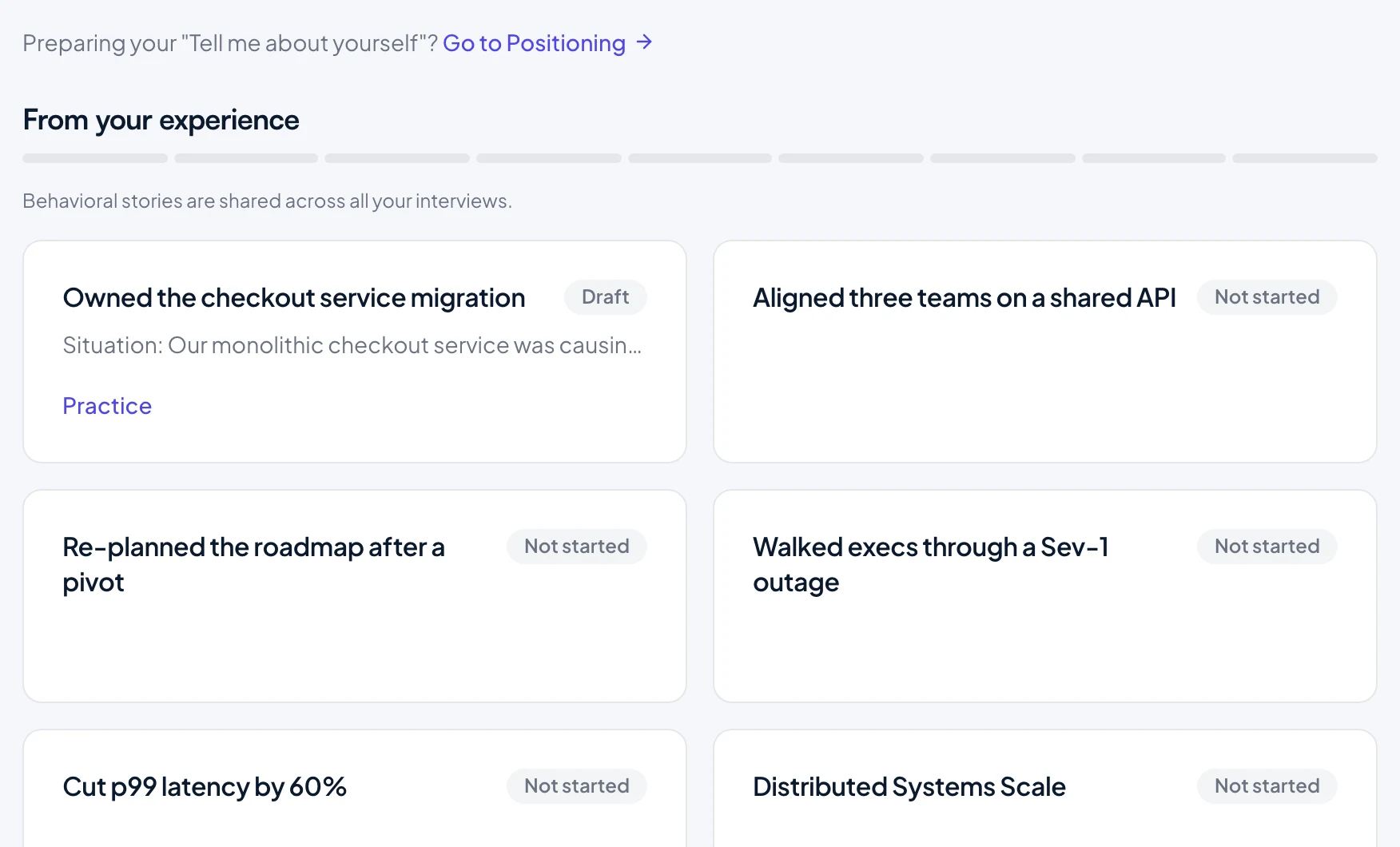 Story bank screen showing behavioral stories suggested from a candidate's experience